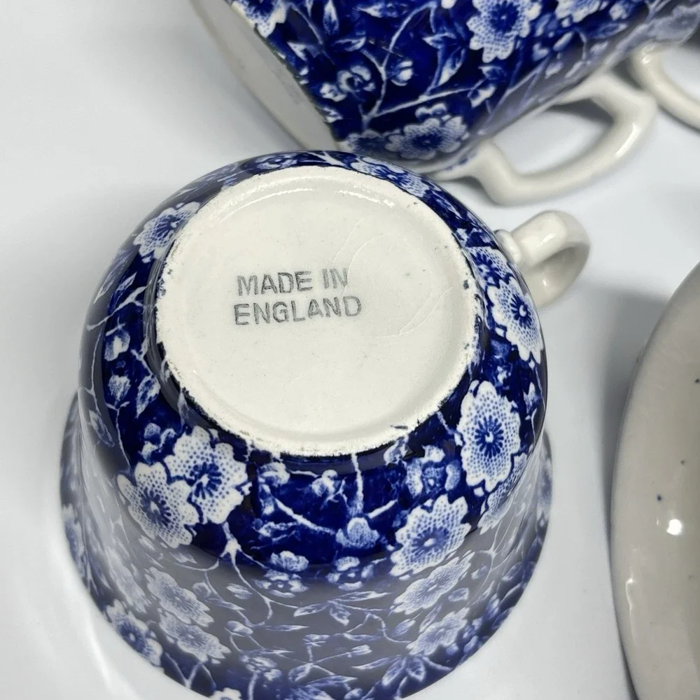 Vintage Crownford Staffordshire Blue Calico Lot Of 6 Teacups England‎ Ironstone